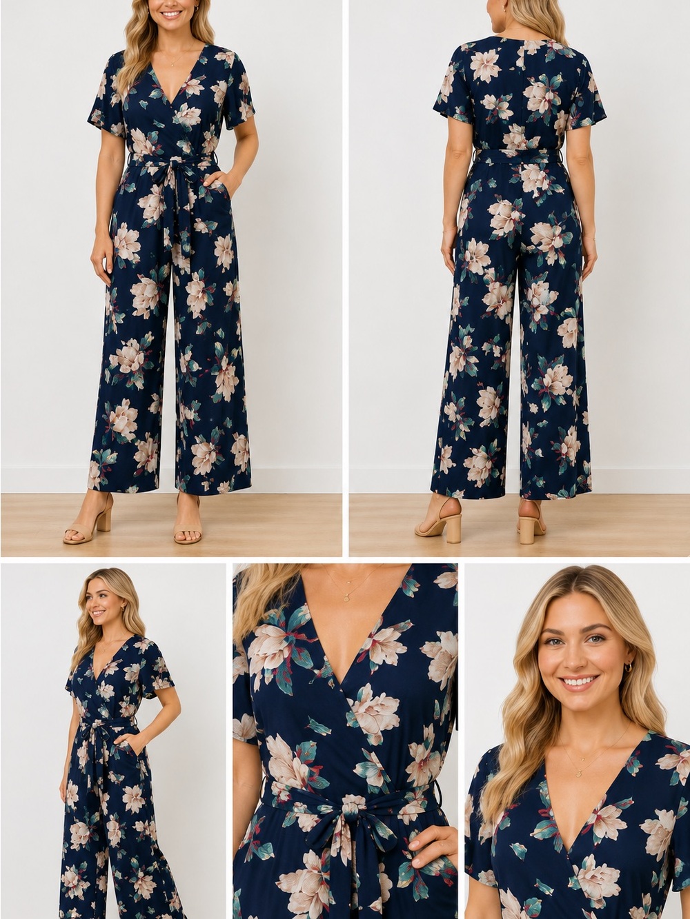 ENTRO Jumpsuit Floral Front Tie Summer Sz M